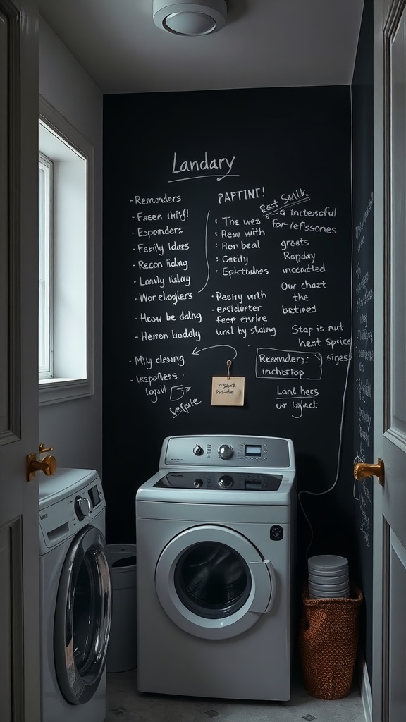 Chalkboard wall in a narrow laundry room with notes and reminders