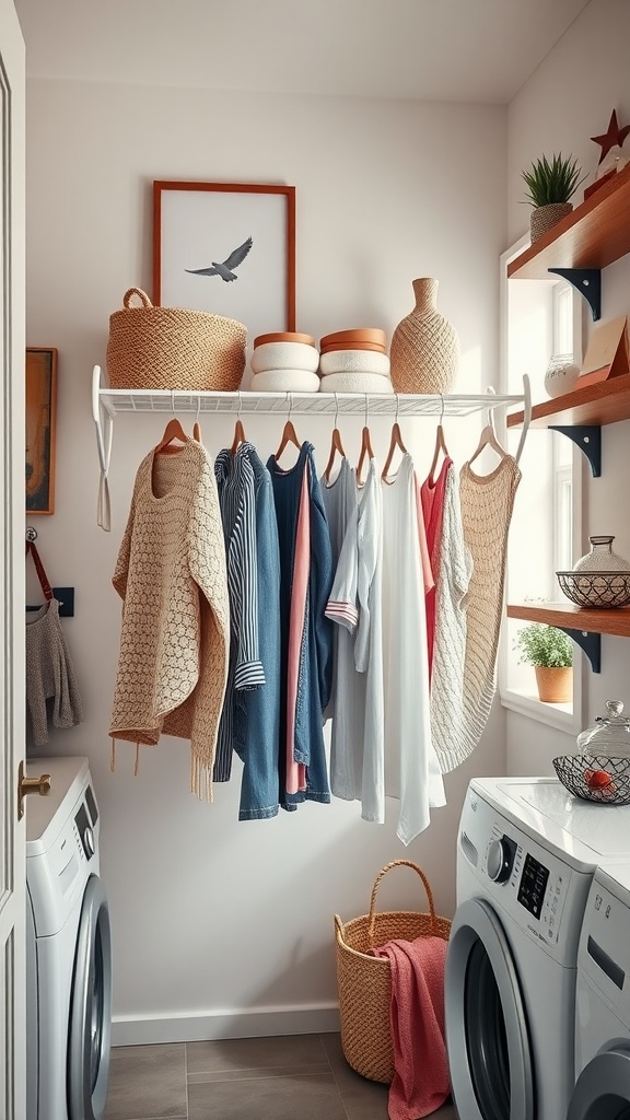 Stylish drying rack in a small, modern laundry room holding various clothes, with decorative elements like baskets and plants.
