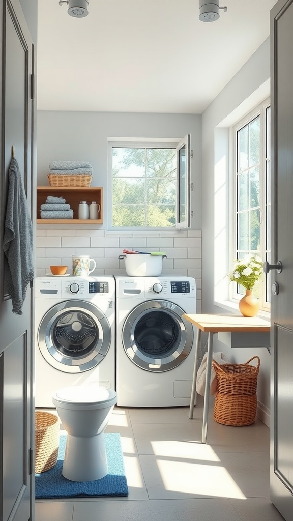 Bright and modern small laundry room with a window, featuring white appliances and natural light.