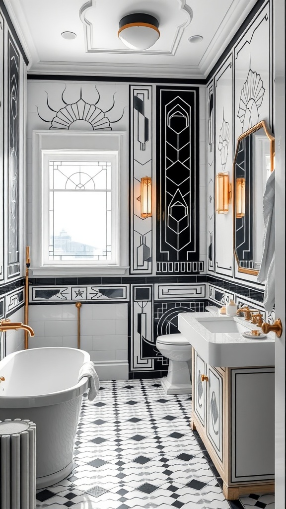 Art Deco inspired black and white bathroom with geometric designs and gold fixtures.