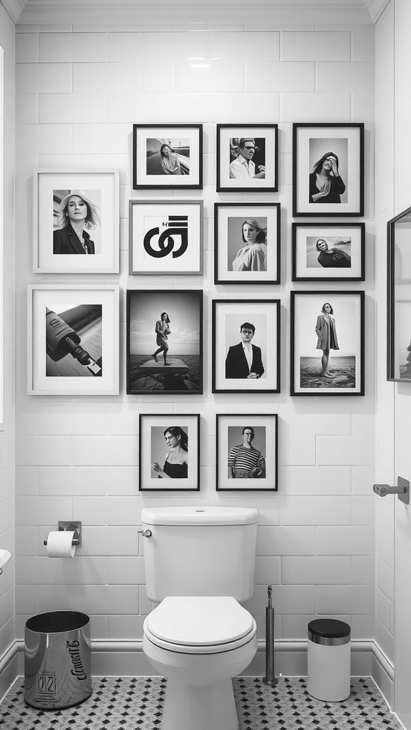 A black-and-white bathroom featuring a gallery wall with framed photographs.