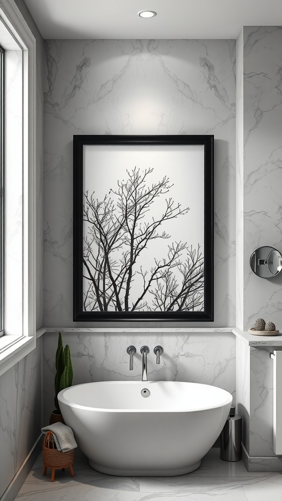 A modern black and white bathroom featuring a freestanding tub and black framed artwork of tree branches on a marble wall.
