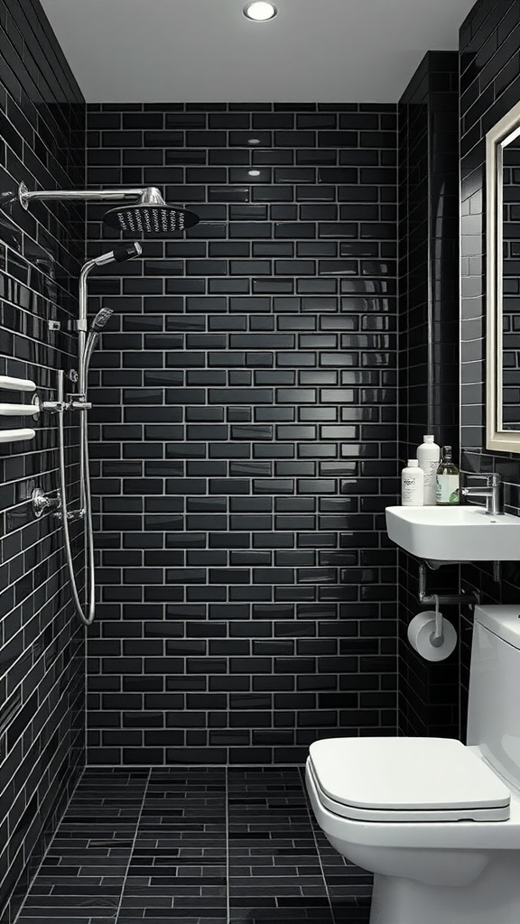 A modern bathroom featuring bold black shower tiles, showcasing a sleek design.