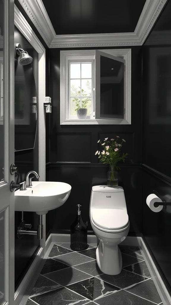 A modern black and white bathroom featuring bold black walls, white trim, and natural light.