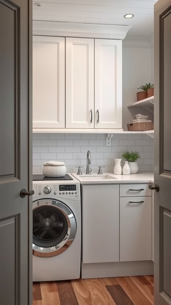 Stylish small laundry room with custom cabinets and modern appliances