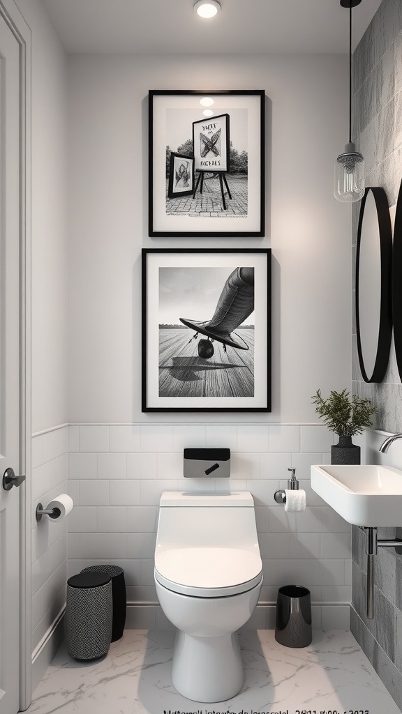 Modern black and white bathroom featuring stylish art pieces on the wall.