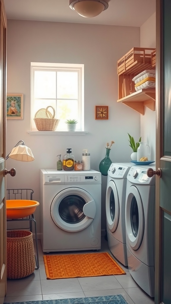 A bright and stylish small laundry room with a window, white appliances, and orange accents.