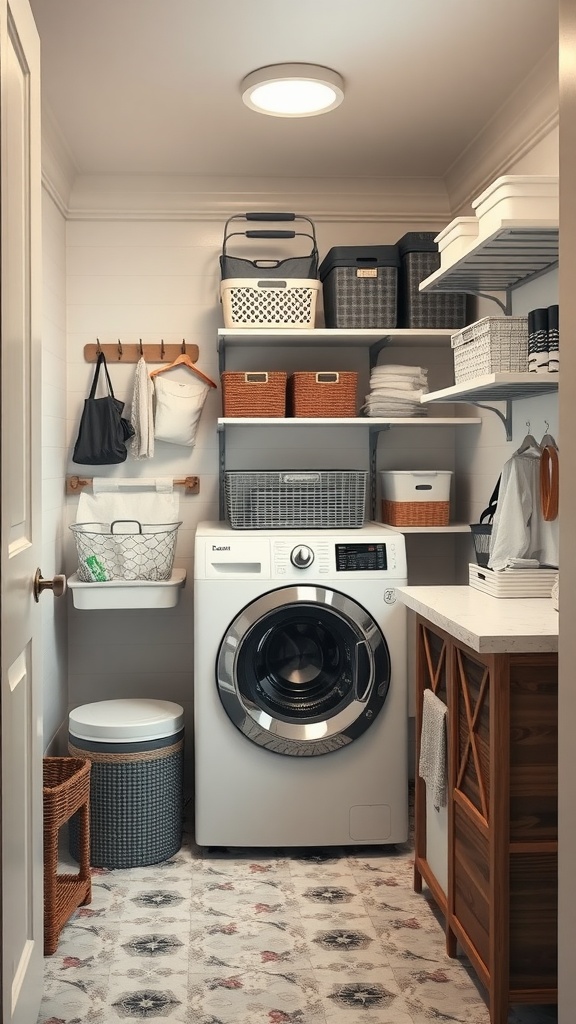 A functional and stylish small laundry room featuring organized storage solutions and a modern washing machine.