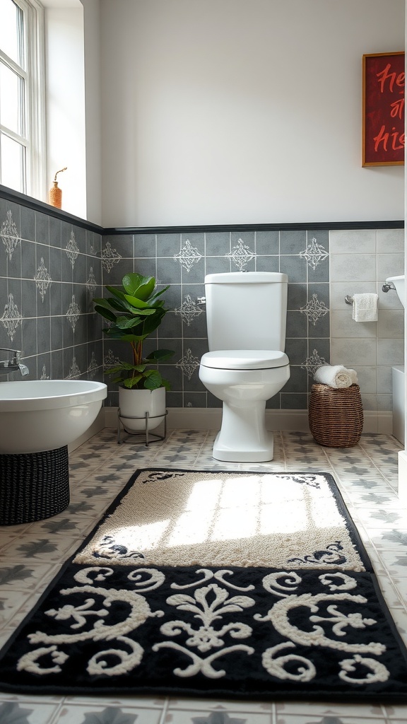 A black and white floor mat in a stylish bathroom with modern fixtures