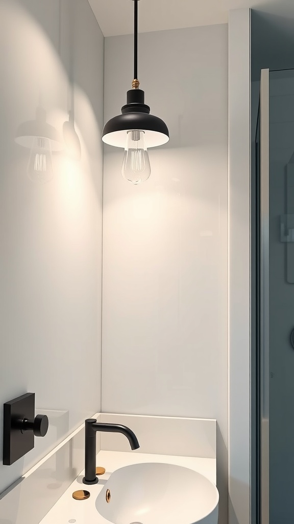 A modern black and white bathroom featuring a contemporary pendant light fixture.
