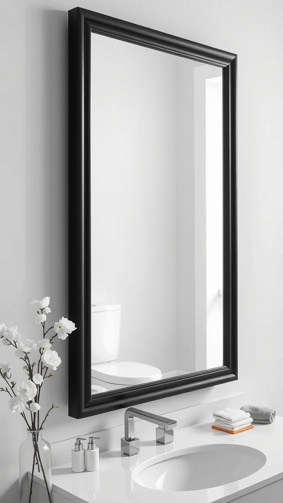 A modern black mirror in a black and white bathroom setting.