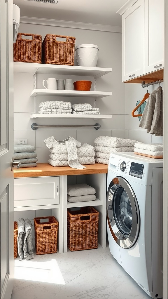 A stylish small laundry room with a functional folding station, featuring a wood countertop, open shelves, and organized storage.