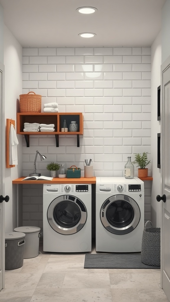 A modern small laundry room with white tiles, orange countertop, and organized shelves.