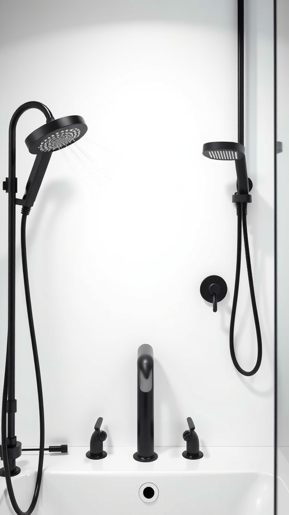 Black bathroom fixtures including showerhead and faucet against a white wall.