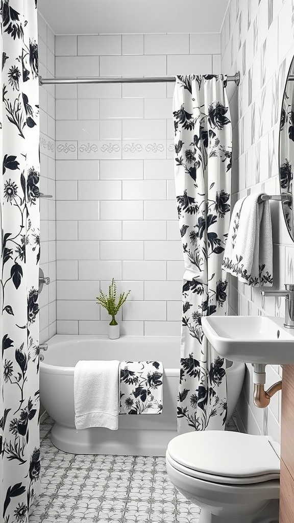 A modern black and white bathroom featuring floral designs in the shower curtain and towels.
