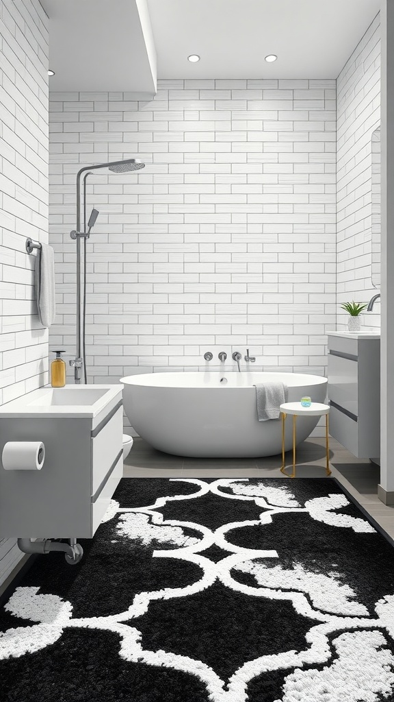 A modern black and white bathroom featuring a graphic black and white rug, a sleek bathtub, and bright tiles.