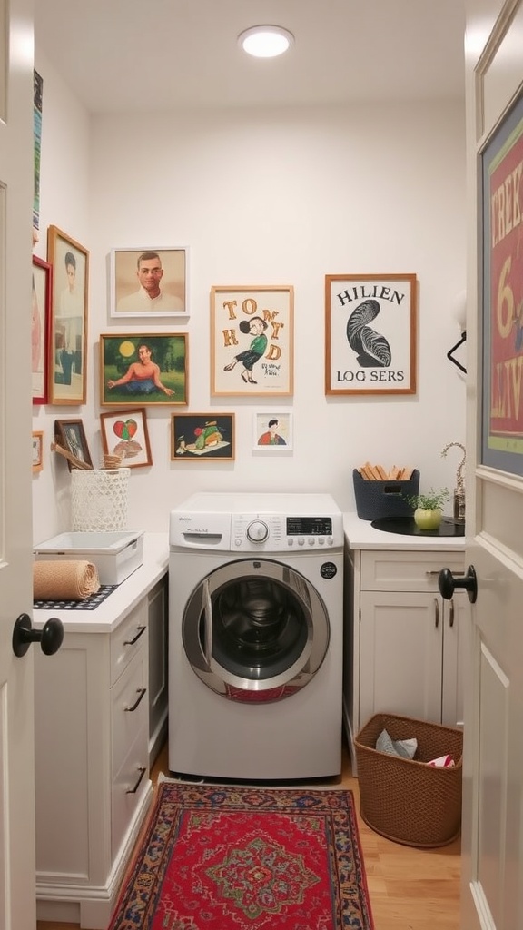 A narrow laundry room featuring artwork on the walls, modern appliances, and a stylish design.