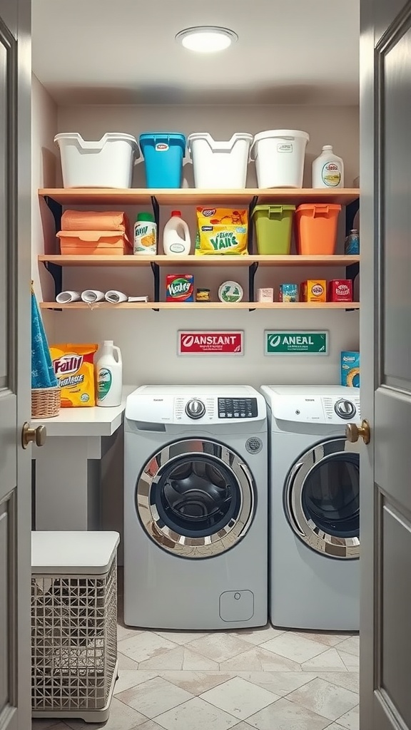 Organized small laundry room with color-coded bins and neatly arranged supplies.