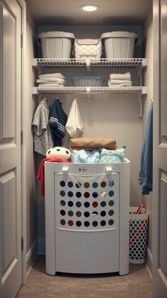 A small laundry room featuring a modern clothes hamper, shelves with storage bins, and neatly folded towels.