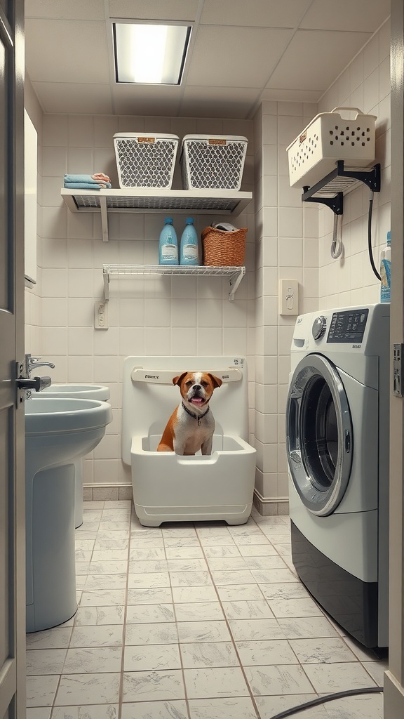 A modern laundry room featuring a pet washing station with a happy dog in the tub.