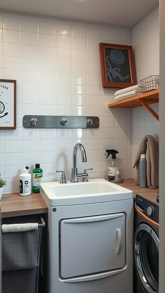 A modern laundry room featuring a utility sink, wooden countertop, and decorative shelves.