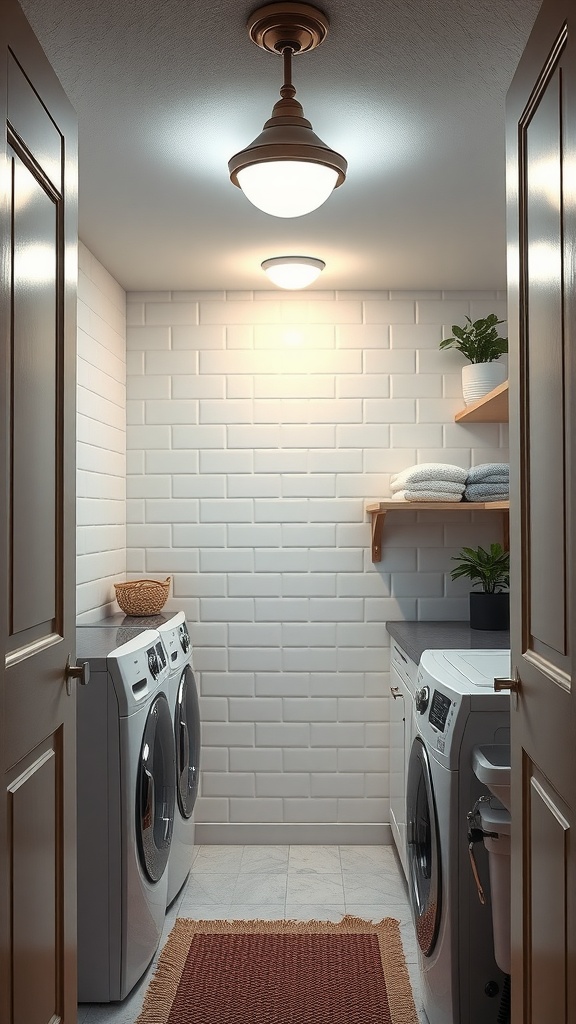 A modern small laundry room with bright lighting fixtures and a tidy design.