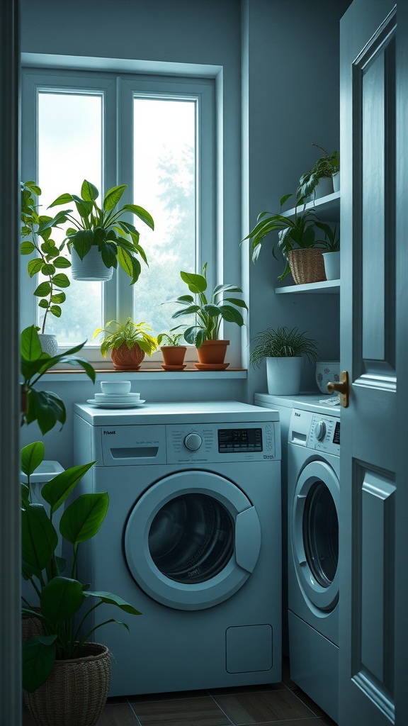 A narrow laundry room with modern appliances and various indoor plants by the window.