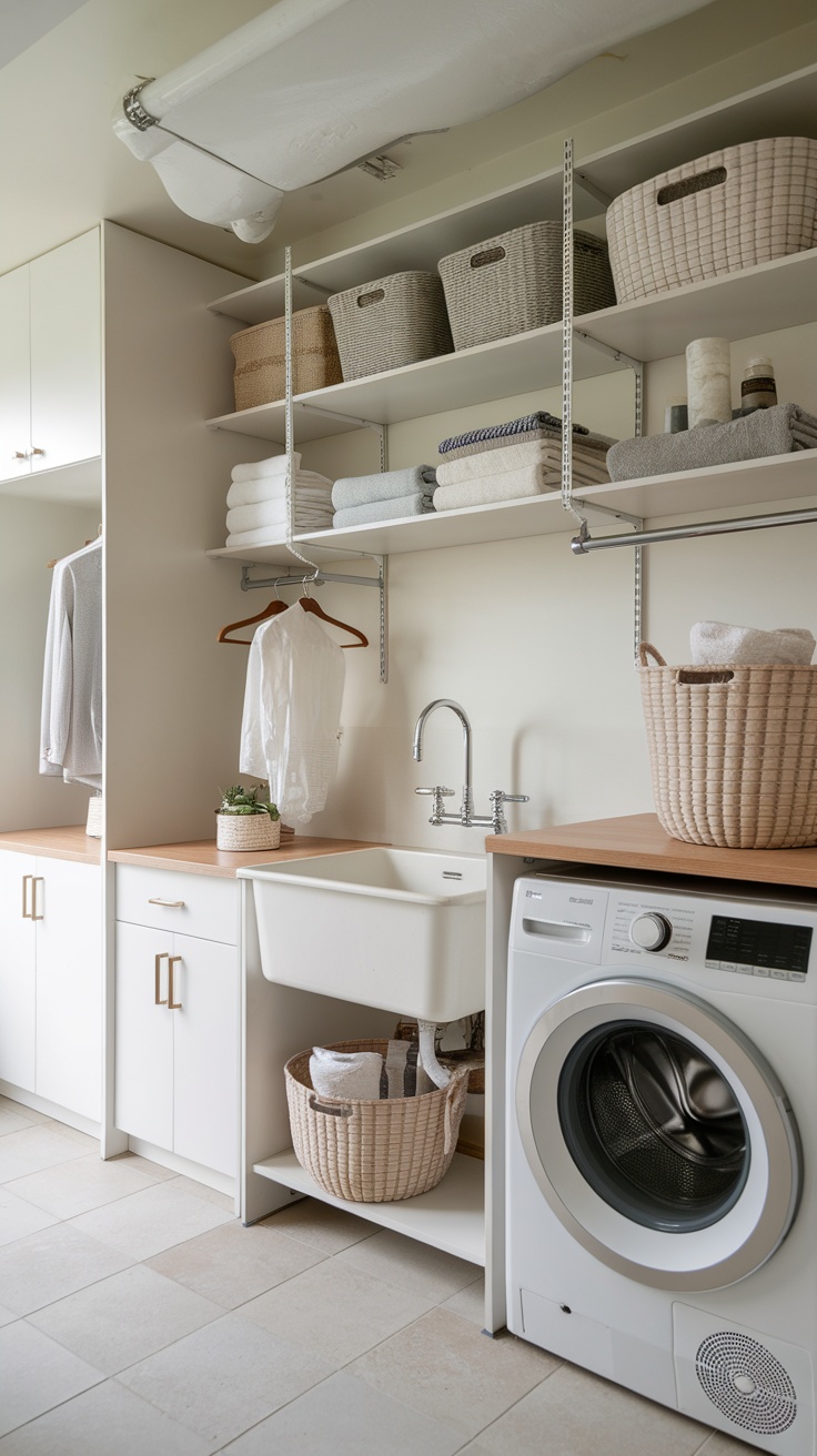 A modern laundry room with smart storage solutions including open shelves and cabinets.