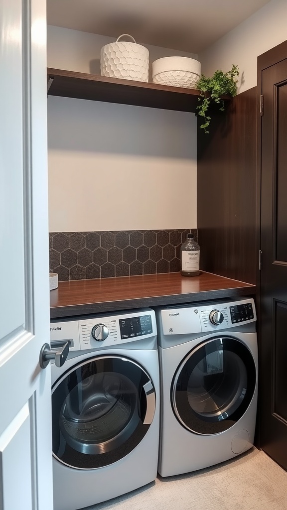 A modern small laundry room with a durable white countertop, stainless steel machines, and wooden shelves.