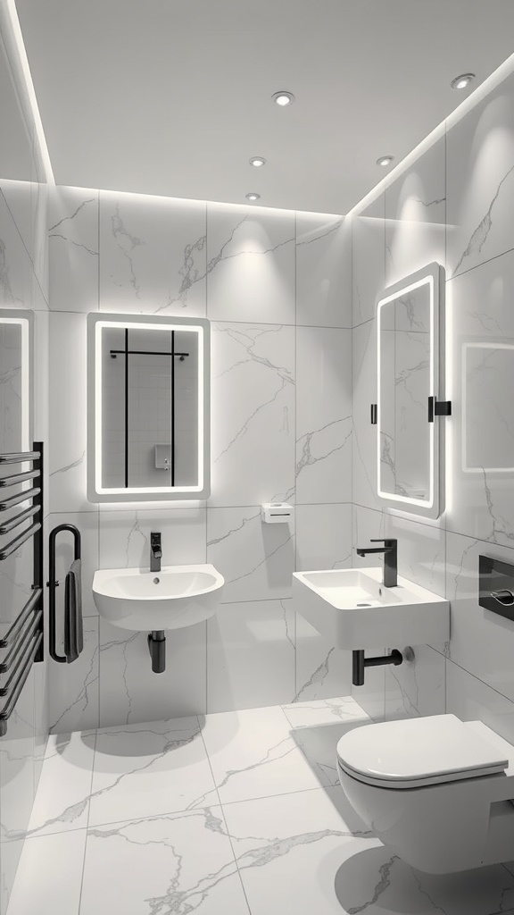 Modern black and white bathroom with integrated technology and sleek design.