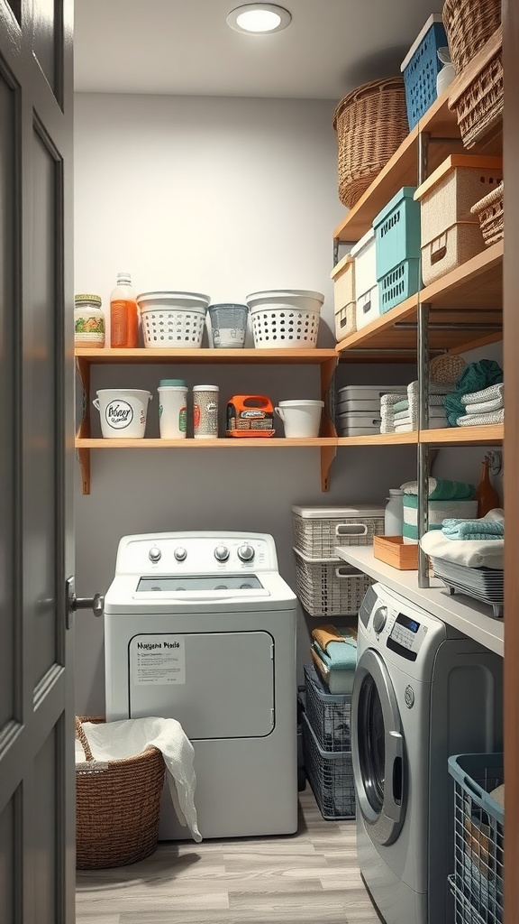 A stylish tiny laundry room with shelves, baskets, and modern appliances.