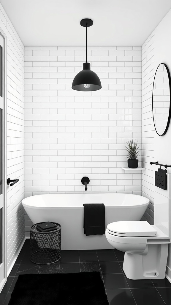 A minimalist black and white bathroom featuring a white bathtub, black floor tiles, and simple decor.