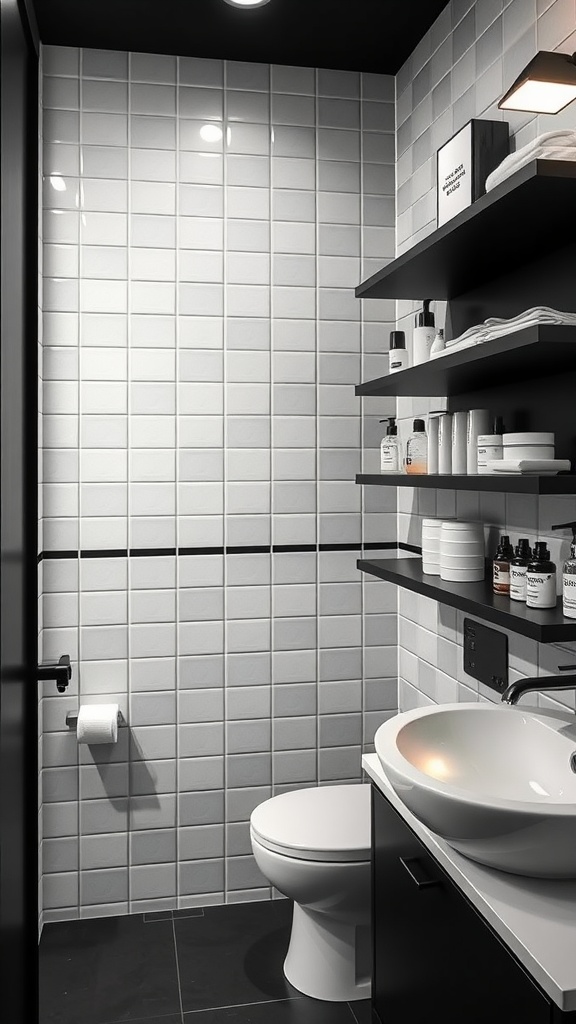Minimalist black and white bathroom with shelving and modern fixtures