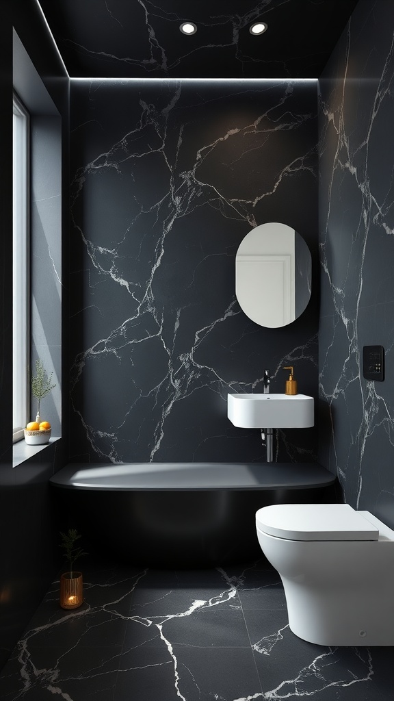 A modern black and white bathroom featuring black marble walls, a sleek black bathtub, and white fixtures.