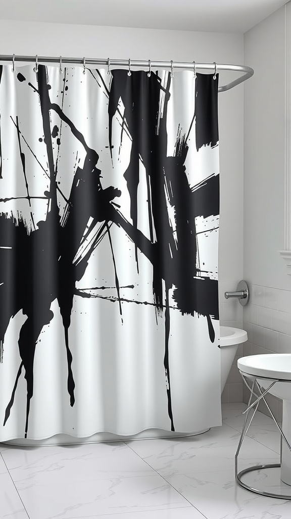 Monochrome shower curtain with bold black splashes on a white background in a modern bathroom