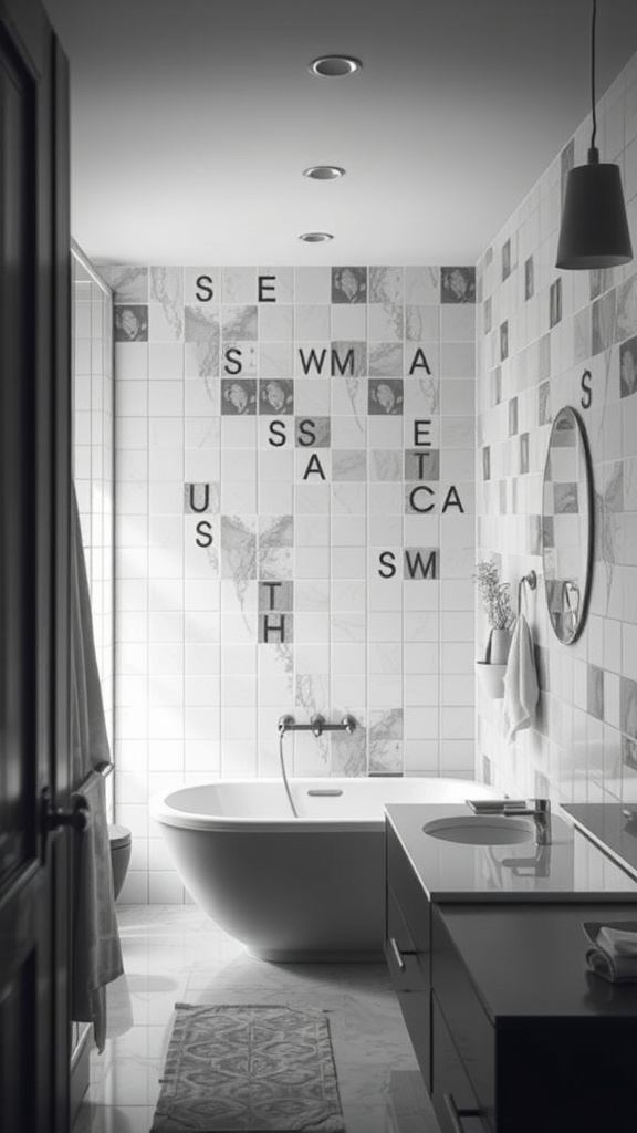A modern black and white bathroom featuring unique tile designs and an oval bathtub.