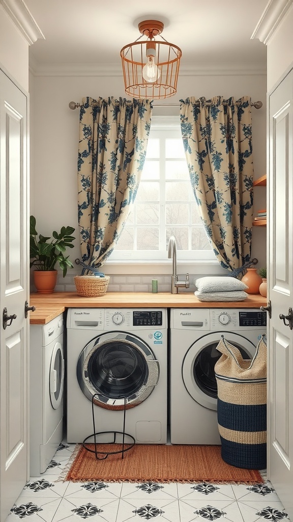 A modern and stylish small laundry room with floral curtains, modern appliances, and organized decor.