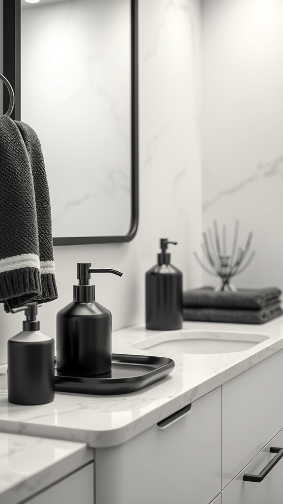 A modern black and white bathroom featuring stylish accessories such as soap dispensers and towels.