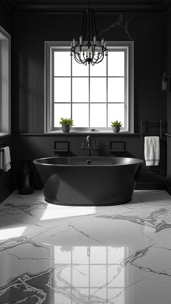 A sleek black bathtub in a modern black and white bathroom with marble flooring and a chandelier.