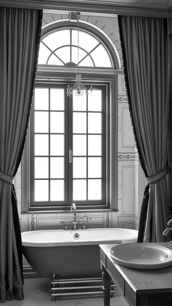 Stylish black and white bathroom with elegant window treatments