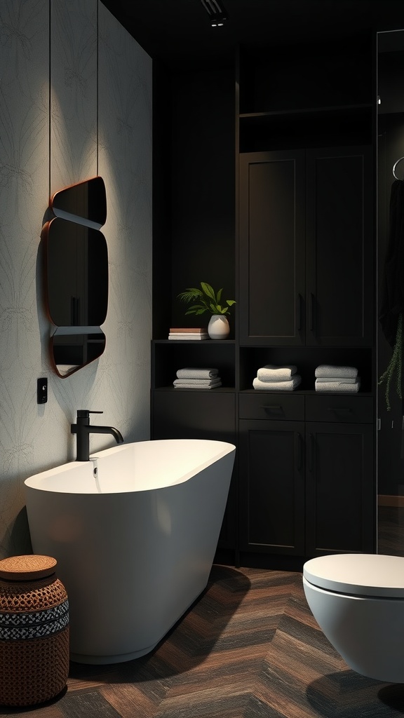 Stylish black storage solutions in a modern black and white bathroom with a sleek tub and organized shelves.
