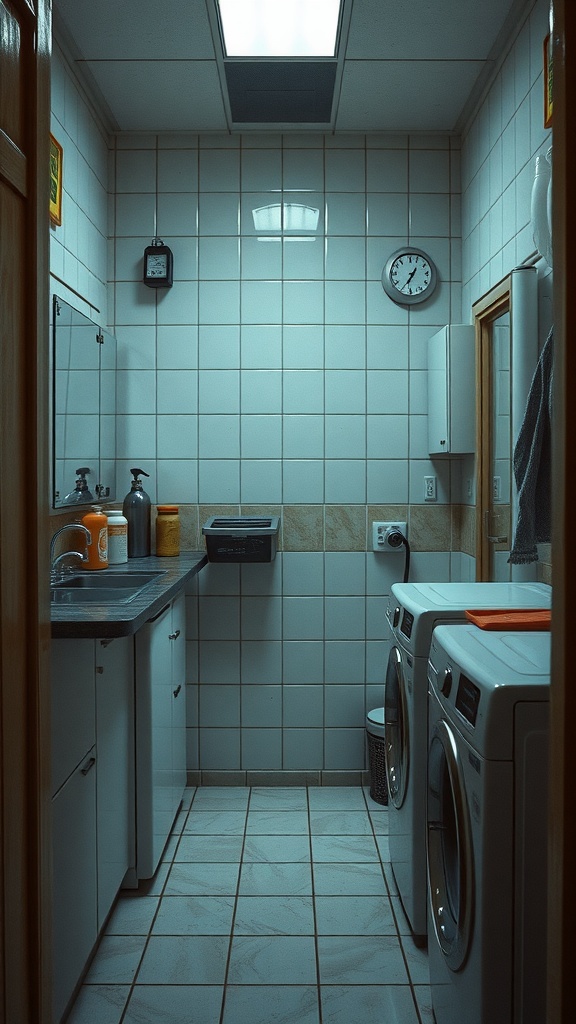 A narrow laundry room with tiled walls, washer and dryer units, and a clean, minimalist design.