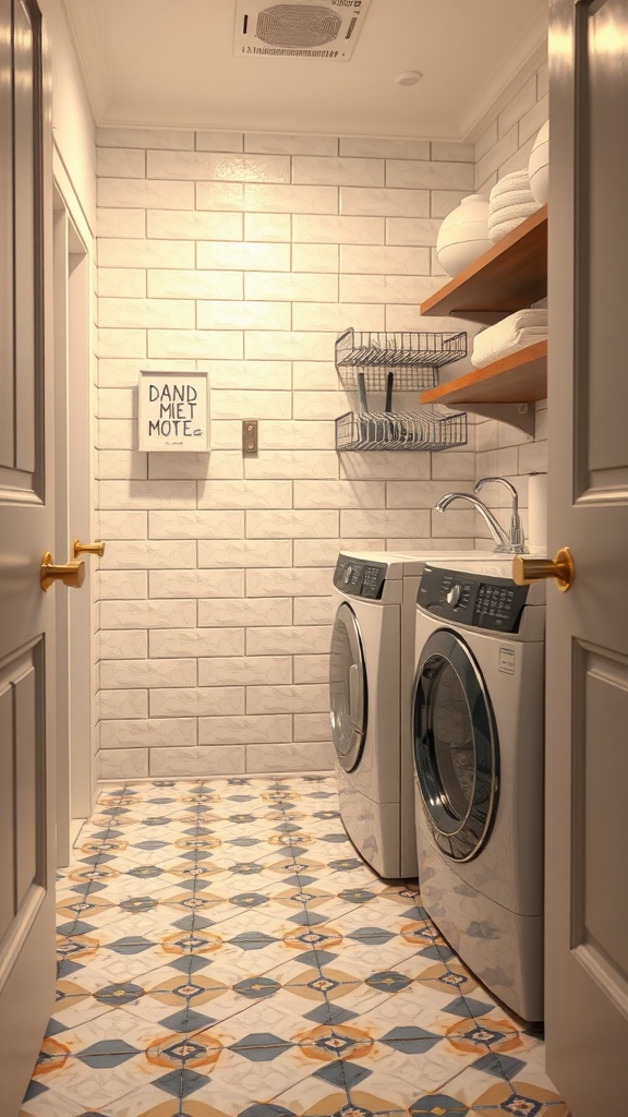 A stylish small laundry room with patterned floor tiles, white walls, and modern appliances.