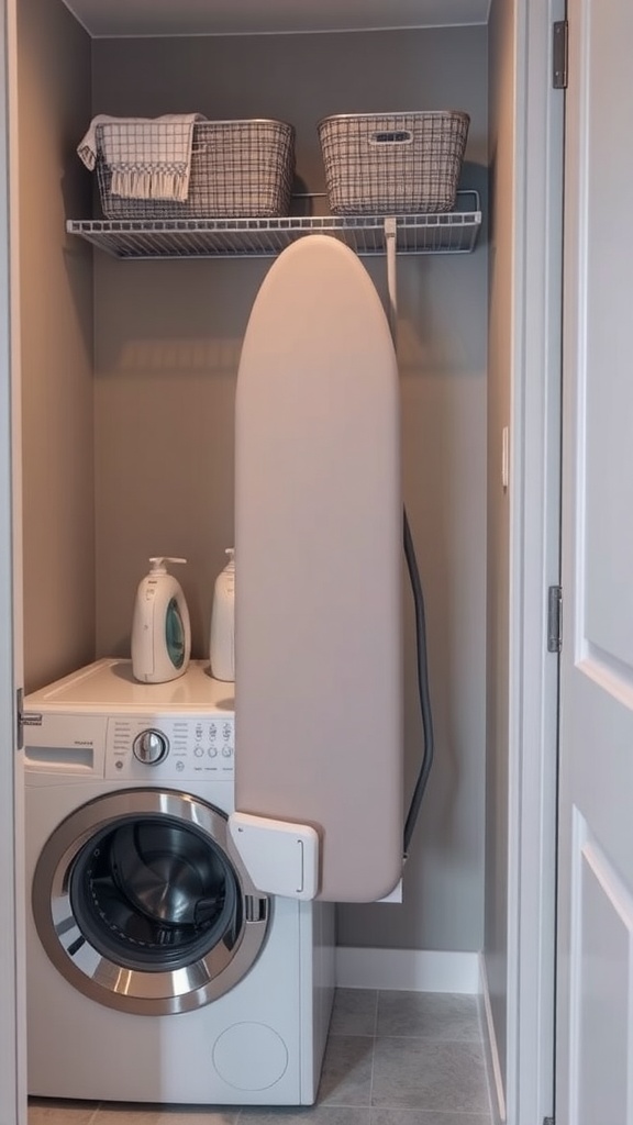 A compact laundry room with a wall-mounted ironing board above a washing machine.