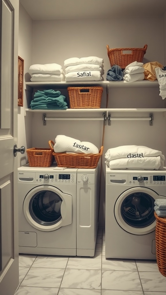 A small laundry room with a washing machine, dryer, and neatly organized baskets on shelves.