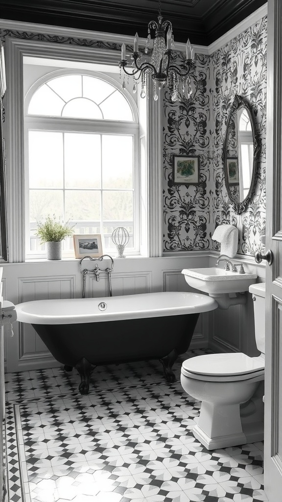 A vintage black and white bathroom featuring a clawfoot tub, elegant chandelier, and patterned tile floor.