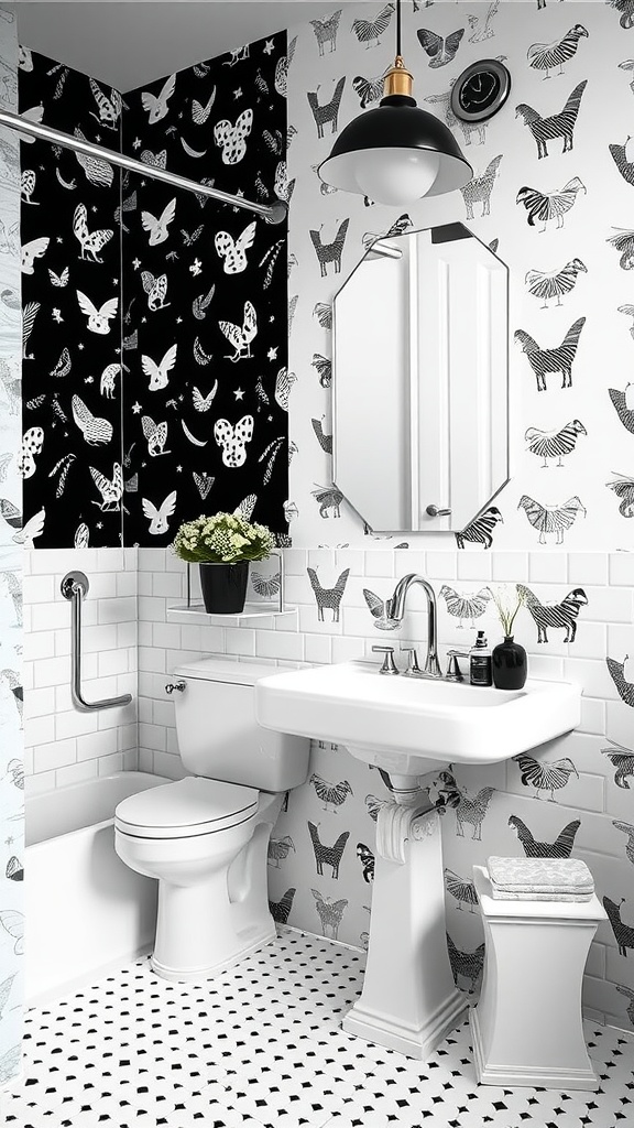 A whimsical black and white bathroom featuring animal patterns on the walls and a stylish sink.