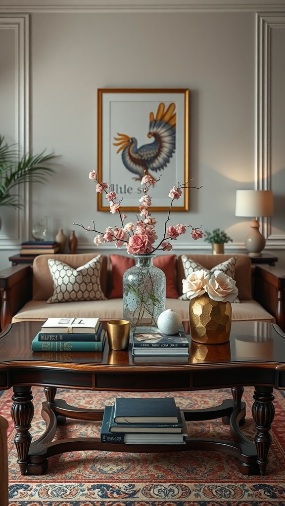A cozy living room featuring a wooden center table with flowers, books, and decorative items, complemented by blue sofas.