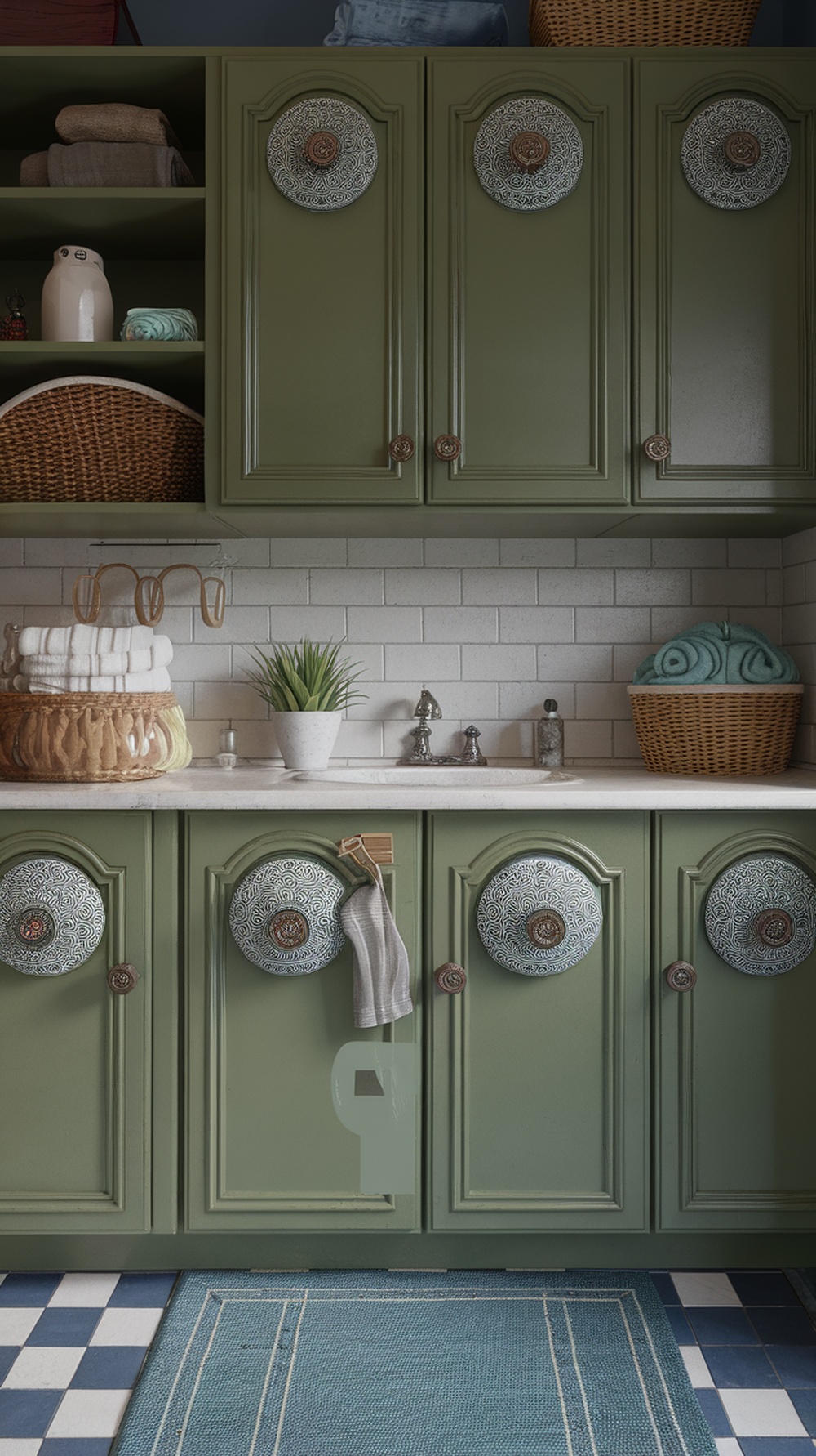 A stylish laundry room with green cabinets, decorative knobs, and organized storage.