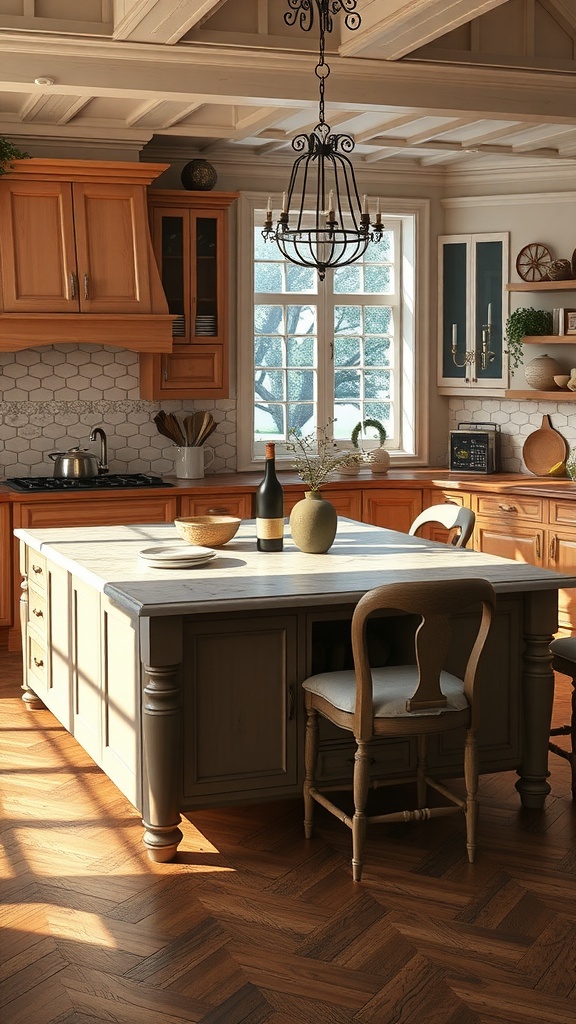 A kitchen with a spacious island dining table, showcasing a blend of traditional and modern design elements.